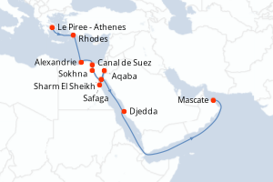 Carte itinéraire croisière  - 18 jours au départ de Le Piree - Athenes - Moyen-Orient Dubaï