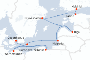 Carte itinéraire croisière - 9 jours au départ de Copenhague - Baltique