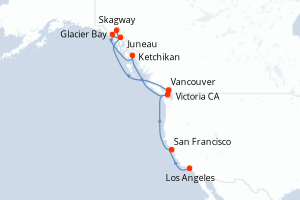 Carte itinéraire croisière - 12 jours au départ de Los Angeles - Alaska