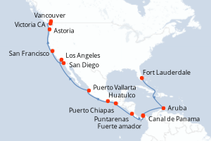 Carte itinéraire croisière - 23 jours au départ de Fort Lauderdale - Transatlantique