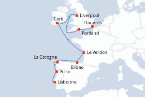 Carte itinéraire croisière - 10 jours au départ de Lisbonne - Europe du Nord