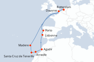 Carte itinéraire croisière - 14 jours au départ de Rotterdam - Europe du Nord