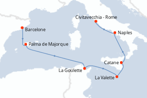 Carte itinéraire croisière - 7 jours au départ de Barcelone - Méditerranée