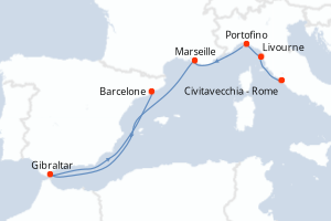 Carte itinéraire croisière - 7 jours au départ de Civitavecchia - Rome - Méditerranée