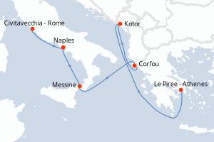 Carte itinéraire croisière - 7 jours au départ de Le Piree - Athenes - Méditerranée