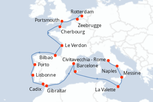Carte itinéraire croisière - 20 jours au départ de Rotterdam - Méditerranée