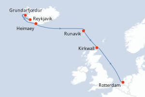 Carte itinéraire croisière - 7 jours au départ de Reykjavik - Europe du Nord