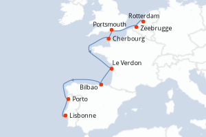 Carte itinéraire croisière - 9 jours au départ de Rotterdam - Atlantique