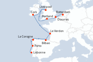 Carte itinéraire croisière - 11 jours au départ de Lisbonne - Europe du Nord
