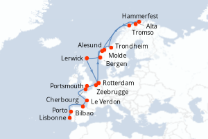 Carte itinéraire croisière - 23 jours au départ de Rotterdam - Atlantique