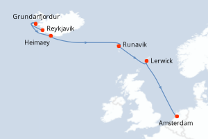 Carte itinéraire croisière - 7 jours au départ de Reykjavik - Europe du Nord