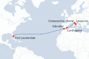 Carte itinéraire croisière - 14 jours au départ de Civitavecchia - Rome - Transatlantique