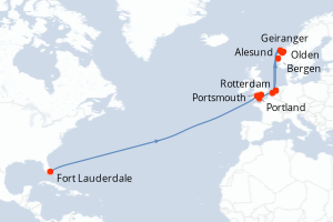 Carte itinéraire croisière - 22 jours au départ de Fort Lauderdale - Transatlantique