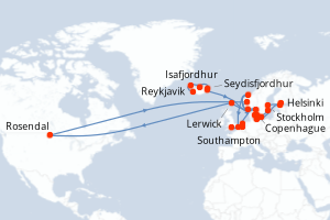 Carte itinéraire croisière - 26 jours au départ de Reykjavik - Europe du Nord