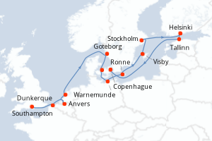 Carte itinéraire croisière - 14 jours au départ de Southampton - Europe du Nord
