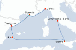 Carte itinéraire croisière - 6 jours au départ de Civitavecchia - Rome - Méditerranée