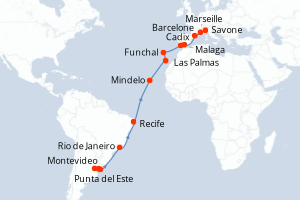 Carte itinéraire croisière - 25 jours au départ de Montevideo - Transatlantique