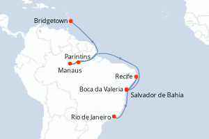 Carte itinéraire croisière - 20 jours au départ de Bridgetown - Amérique du Sud