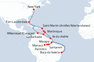 Carte itinéraire croisière - 30 jours au départ de New York - Caraïbes Bahamas