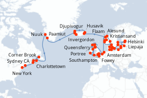 Carte itinéraire croisière - 64 jours au départ de Southampton - Tour du Monde