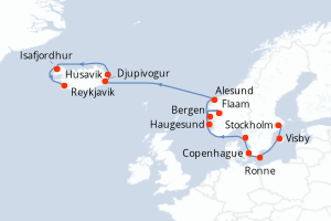 Carte itinéraire croisière - 14 jours au départ de Stockholm - Europe du Nord