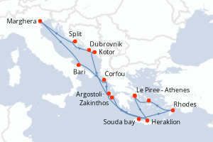 Carte itinéraire croisière - 13 jours au départ de Le Piree - Athenes - Méditerranée