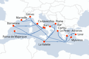 Carte itinéraire croisière - 10 jours au départ de Barcelone - Méditerranée