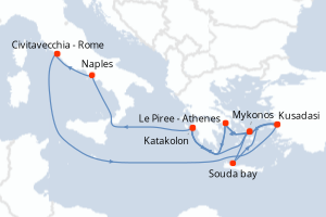 Carte itinéraire croisière - 10 jours au départ de Civitavecchia - Rome - Méditerranée