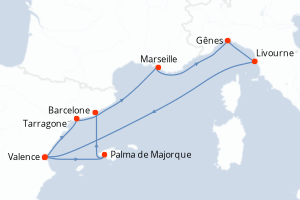 Carte itinéraire croisière - 8 jours au départ de Valence - Méditerranée