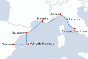 Carte itinéraire croisière - 6 jours au départ de Valence - Méditerranée