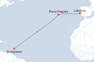 Carte de l'itinéraire de croisière Bridgetown-Lisbonne d'une durée de 16 jours