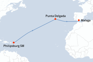 Carte de l'itinéraire de croisière Saint-Martin (Philipsburg)-Malaga d'une durée de 20 jours