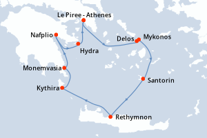 Carte de l'itinéraire de croisière Le Piree - Athenes-Le Piree - Athenes d'une durée de 7 jours