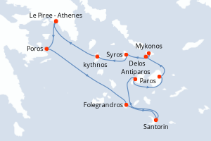 Carte de l'itinéraire de croisière Le Piree - Athenes-Le Piree - Athenes d'une durée de 7 jours