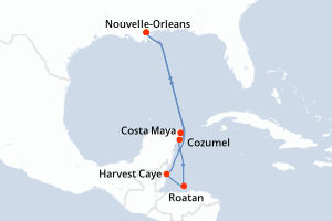 Carte itinéraire croisière Mexique, Honduras, Etats-Unis, Belize - 7 jours au départ de Nouvelle-Orleans - Caraïbes Mexique