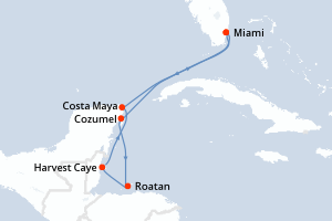 carte itinéraire croisière Caraïbes Mexique 7 jours au départ du port de Miami