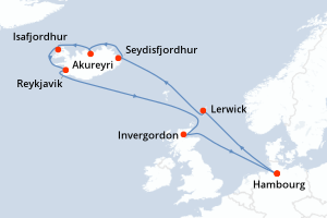 Carte itinéraire croisière Allemagne, Royaume-Uni, Islande - 12 jours au départ de Hambourg - Europe du Nord