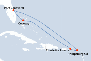 Carte itinéraire croisière Antilles néerlandaises, Bahamas, Etats-Unis, Vierges (îles) - 7 jours au départ de Port Canaveral - Caraïbes Bahamas