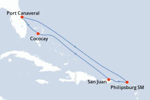 carte itinéraire croisière Caraïbes Bahamas 7 jours au départ du port de Port Canaveral