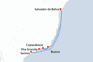 carte itinéraire croisière Brésil 8 jours au départ du port de Salvador de Bahia