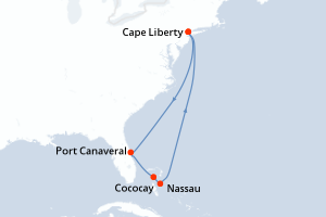 carte itinéraire croisière Amérique du Nord 7 jours au départ du port de Cape Liberty