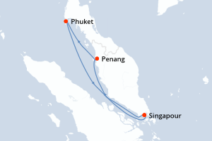 Carte itinéraire croisière Thaïlande, Malaisie, Singapour - 4 jours au départ de Singapour - Asie
