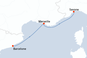 Carte itinéraire croisière Espagne, France - 2 jours au départ de Barcelone - Méditerranée