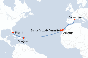 Carte de l'itinéraire de croisière Barcelone-Miami d'une durée de 14 jours