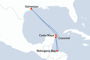 carte itinéraire croisière Caraïbes Mexique 6 jours au départ du port de Galveston