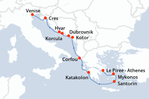 carte itinéraire croisière Méditerranée 11 jours au départ du port de Le Piree - Athenes