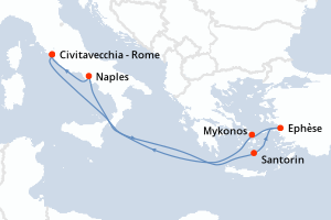 carte itinéraire croisière Méditerranée 7 jours au départ du port de Civitavecchia - Rome