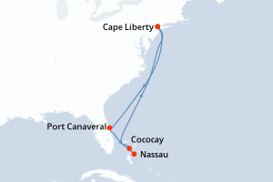 Carte de l'itinéraire de croisière Cape Liberty-Cape Liberty d'une durée de 7 jours