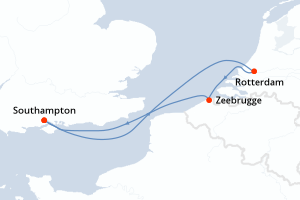 Carte itinéraire croisière Pays-Bas, Belgique - 4 jours au départ de Southampton - Europe du Nord