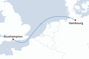 Carte de l'itinéraire de croisière Southampton-Hambourg d'une durée de 2 jours